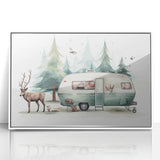 Mid-century modernist caravan in muted colors on a white acrylic framed print, suitable for nursery wall decor.