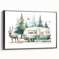 Black and white vintage poster art of a caravan on a framed canvas, ideal for bedroom wall decor.