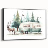 Black and white vintage poster art of a caravan on a framed canvas, ideal for bedroom wall decor.