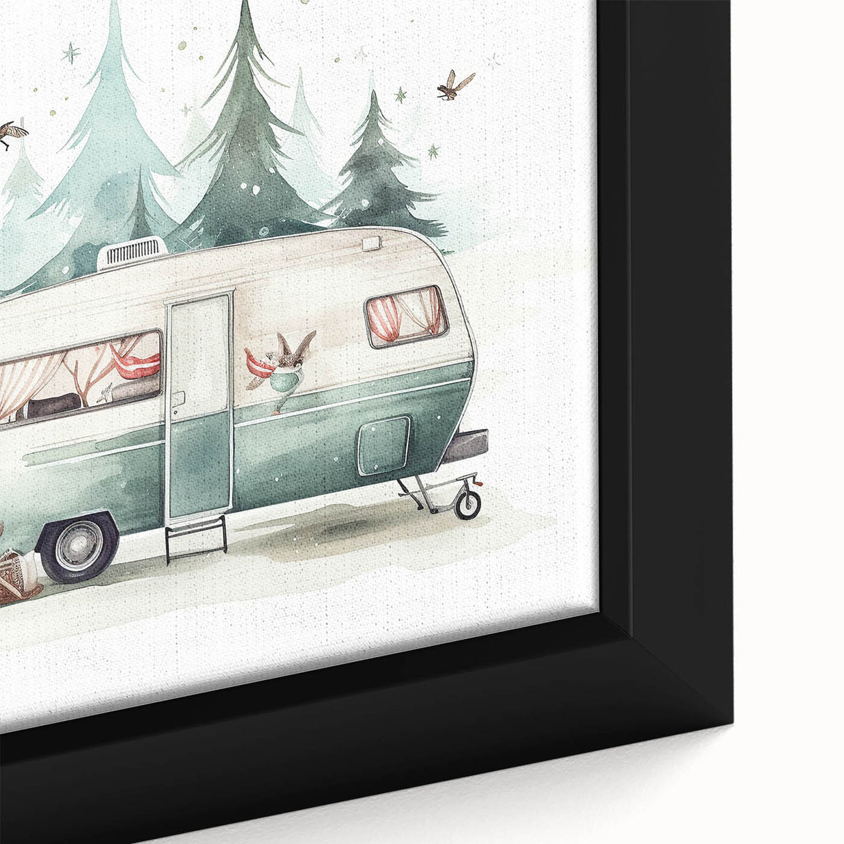 Extra large black wall art featuring a colorful, textured caravan design on a framed canvas, ideal for living room decor.