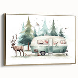 Framed canvas of a vintage caravan in a colorful landscape, ideal for decorating a home office.