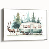 Vintage poster art of a silver caravan on a black background, framed canvas, ideal for living room decor.