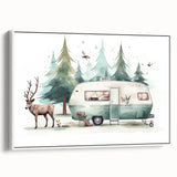 Framed canvas wall art featuring a vintage black and white caravan landscape, ideal for bedroom decor.