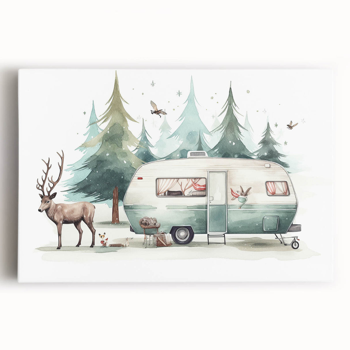Black and white stretched canvas featuring a vintage caravan design, ideal for kitchen wall art.