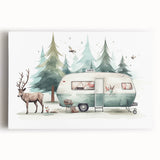 Black and white stretched canvas featuring a vintage caravan design, ideal for kitchen wall art.