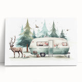 Black and white photo of a caravan on stretched canvas, suitable as large kitchen wall art or for bedroom decor.