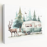 Side view of a vintage caravan in muted pastel colors on stretched canvas, suitable for kitchen wall art.