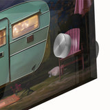 Large abstract acrylic print featuring mid-century modernist caravan design in muted earth tones, ideal for dining room art.