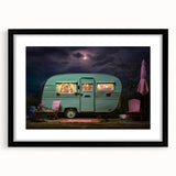 Extra large abstract art print of a colorful caravan, textured details on a black framed canvas, ideal for living room decor.