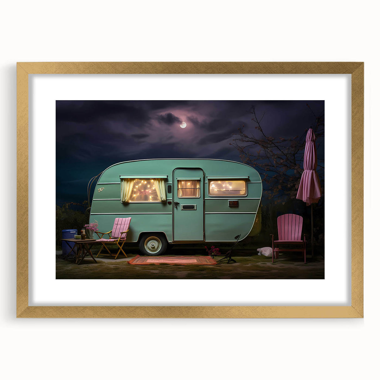 Textured abstract art print of a caravan in gold and beige tones, framed with a mat, ideal for bedroom decor.