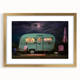 Textured abstract art print of a caravan in gold and beige tones, framed with a mat, ideal for bedroom decor.