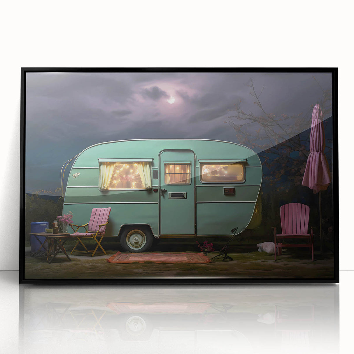 Large abstract wall art featuring a caravan in vibrant colors on a black acrylic frame, ideal for modern living room decor.