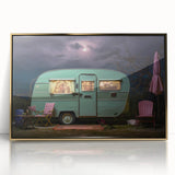 Mid-century modernist art featuring a caravan in muted earth tones on a framed acrylic, ideal for nursery wall art.