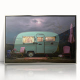 Art deco style poster of a vintage caravan in muted silver and blue tones on framed acrylic.