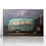 Mid-century modernist caravan depicted in muted pastel colors on a white acrylic framed print, suitable for nursery wall art.
