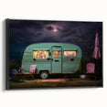Black and white framed canvas featuring a vintage caravan in a landscape setting, ideal for bedroom wall decor.
