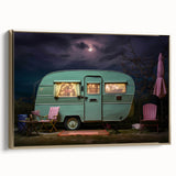 Framed canvas featuring a side view of a vintage caravan in black with colorful accents, ideal for decorating a living room.