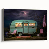 Vintage poster art of a silver caravan on a black background, framed canvas, ideal for living room decor.