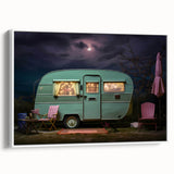 Framed canvas featuring a vintage poster of a black caravan in a landscape setting, ideal for bedroom wall art.