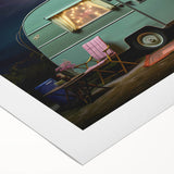 Art deco poster featuring a vintage caravan in muted earth tones on rolled canvas, suitable for dining room decor.