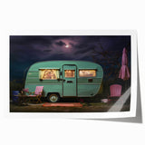 Extra large rolled print depicting a vintage caravan in muted earth tones, ideal for art wall dining room.