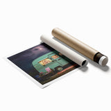 Extra large rolled print featuring a caravan, muted earth tones, ideal for classy bathroom wall art.