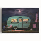 Black and white illustration of a caravan on stretched canvas, suitable for kitchen wall art.