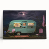 Black and white photo of a caravan on stretched canvas, ideal for kitchen wall art or bedroom decor.
