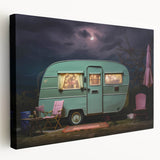 Large, stretched canvas featuring a side view of a vintage caravan in muted earth tones, ideal for kitchen wall art.