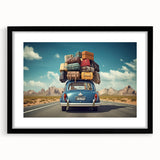 Extra large, colorful abstract art print of a caravan, with a textured finish on a black framed canvas.