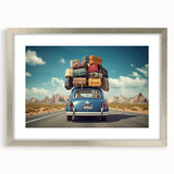 Abstract art print of a caravan in soft gray and blue tones on a framed poster, ideal for dining room decor.