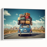 Framed canvas featuring a vintage caravan in a landscape, in black and white tones, ideal for bedroom wall art.