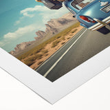 Art deco poster of a vintage caravan in bold blue and orange tones on rolled canvas, ideal for dining room decor.