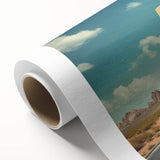 Art deco style poster of a vintage caravan in muted pastel colors on rolled canvas, ideal for nursery wall art.