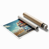 Rolled print of a caravan in muted earth tones, ideal for classy bathroom wall art.