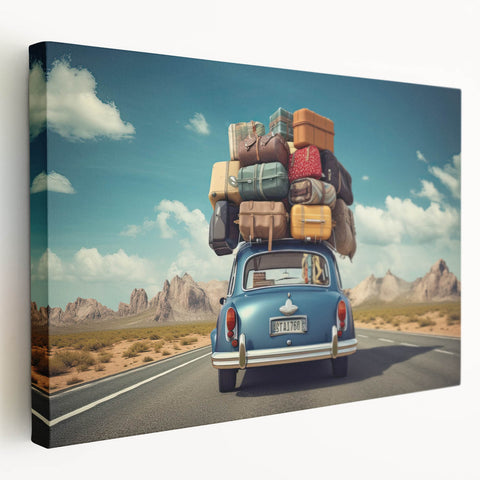 Large art print of a vintage caravan in muted earth tones on stretched canvas, ideal for kitchen wall decor.