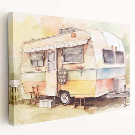Side view of a vintage caravan in muted earth tones on a stretched canvas, suitable for kitchen wall art.