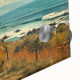 Mid-century modernist style large abstract wall art featuring a caravan, in vibrant colors on acrylic glass.