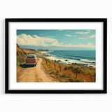 Extra large abstract art print featuring a colorful, textured caravan scene on a black framed canvas.