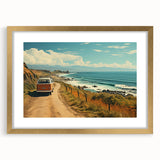Textured abstract art print of a caravan in muted earth tones on a framed gold mat, ideal for bedroom decor.