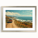 Abstract art print of a caravan in muted earth tones on a framed canvas, suitable for dining room decor.