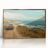 Mid-century modernist art deco poster featuring a caravan, in gold and teal tones, framed acrylic.