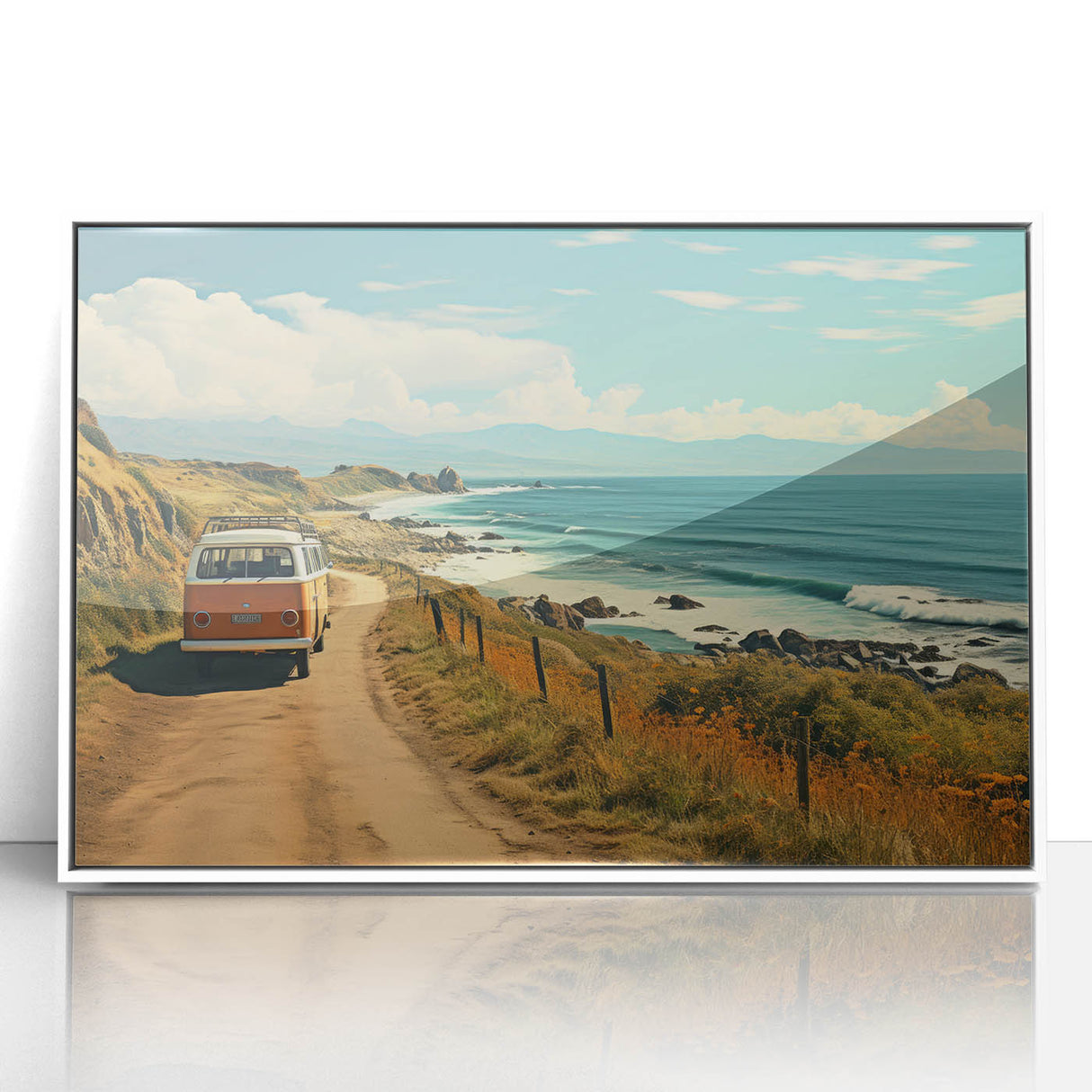 Mid-century modernist caravan in muted earth tones on a white acrylic framed print.