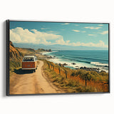 Black and white framed canvas of a vintage caravan in a landscape setting, ideal for bedroom wall art.