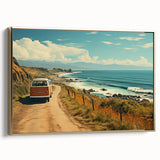 Framed canvas featuring a vintage caravan in black with colorful accents, ideal for adding character to a living room.
