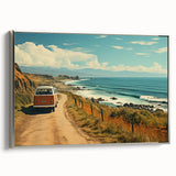 Vintage poster art of a colorful caravan on a black background, framed in silver, ideal for living room decor.