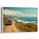 Framed canvas featuring a vintage black and white caravan landscape, ideal for bedroom wall art.