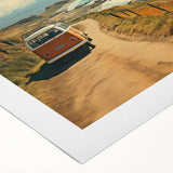 Art deco poster of a vintage caravan in monochrome shades on rolled canvas, suitable for dining room wall art.