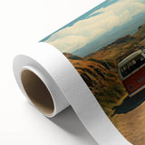 Art deco style caravan illustration in soft pastel colors on rolled canvas, ideal for nursery wall art.