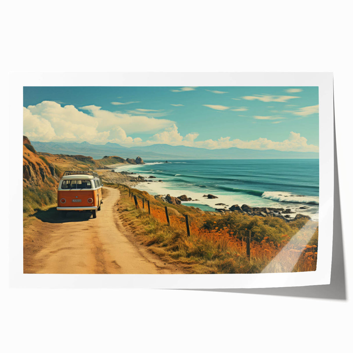 Extra large rolled print featuring a vintage caravan in muted earth tones, ideal for art wall dining room.